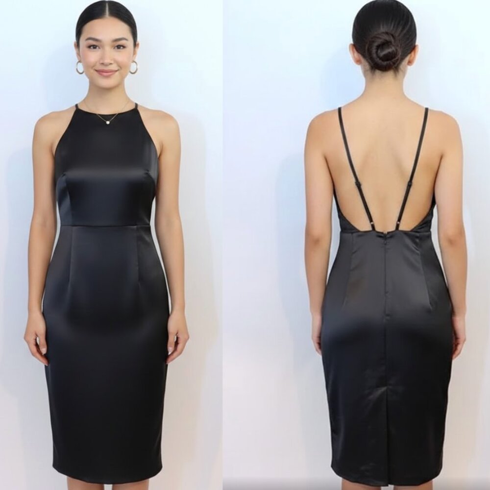 NWT Avec Les Filles | Satin Midi Halter Dress Suspender Straps in Black | Size 6